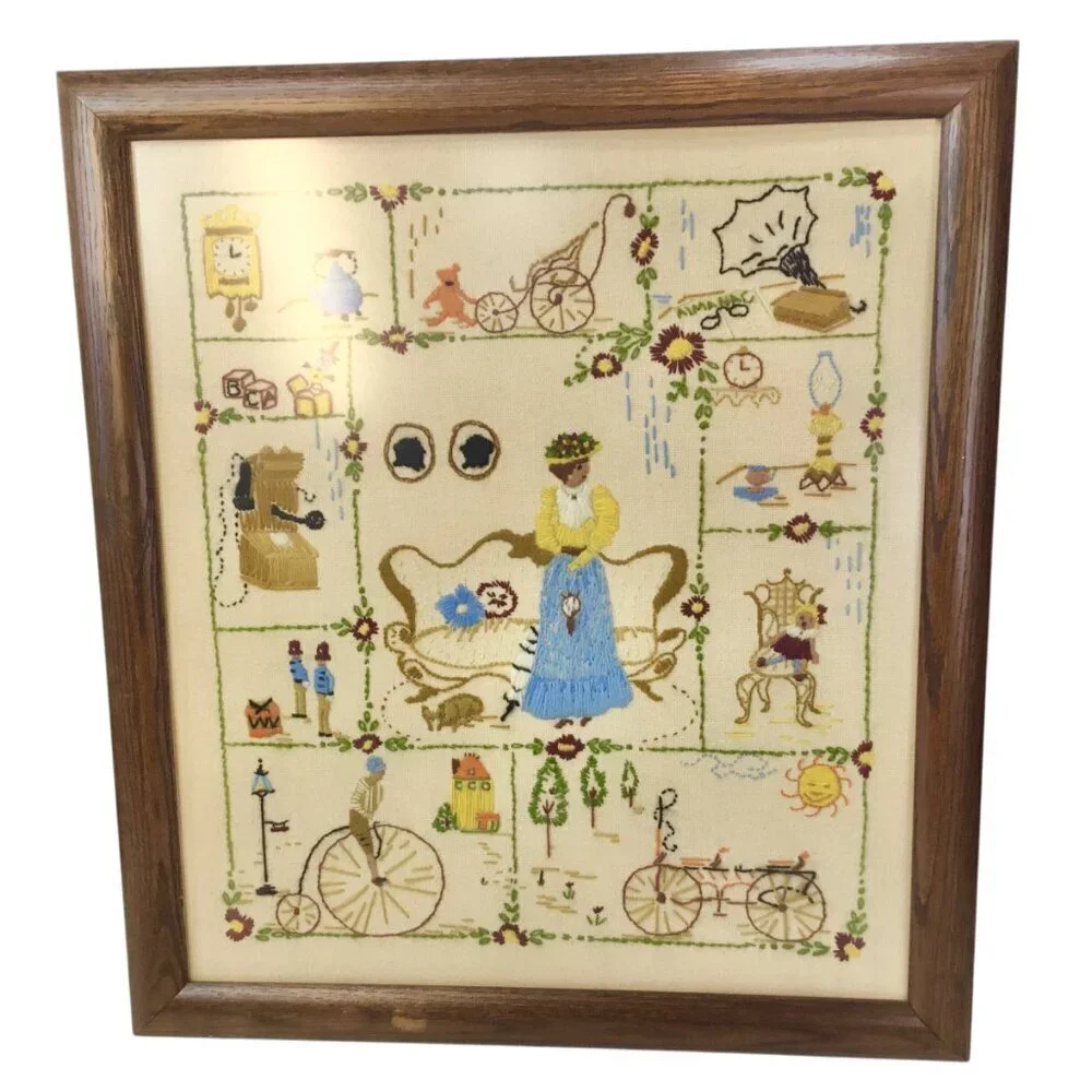 Vtg Finished Framed Crewel Embroidery Spinnerin Nostalgia 326 Elaine Thompson